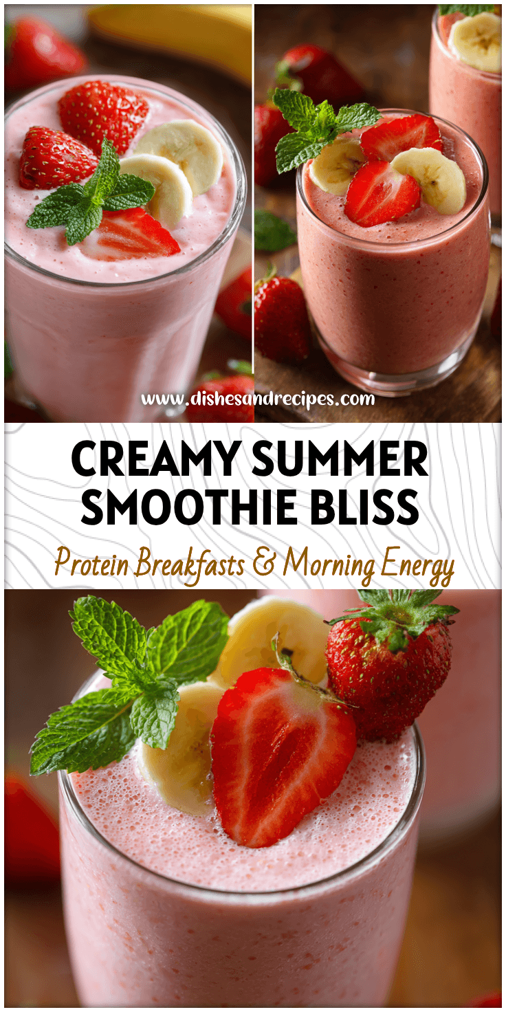 Glass of creamy strawberry banana smoothie topped with fresh fruit and mint for a refreshing breakfast.